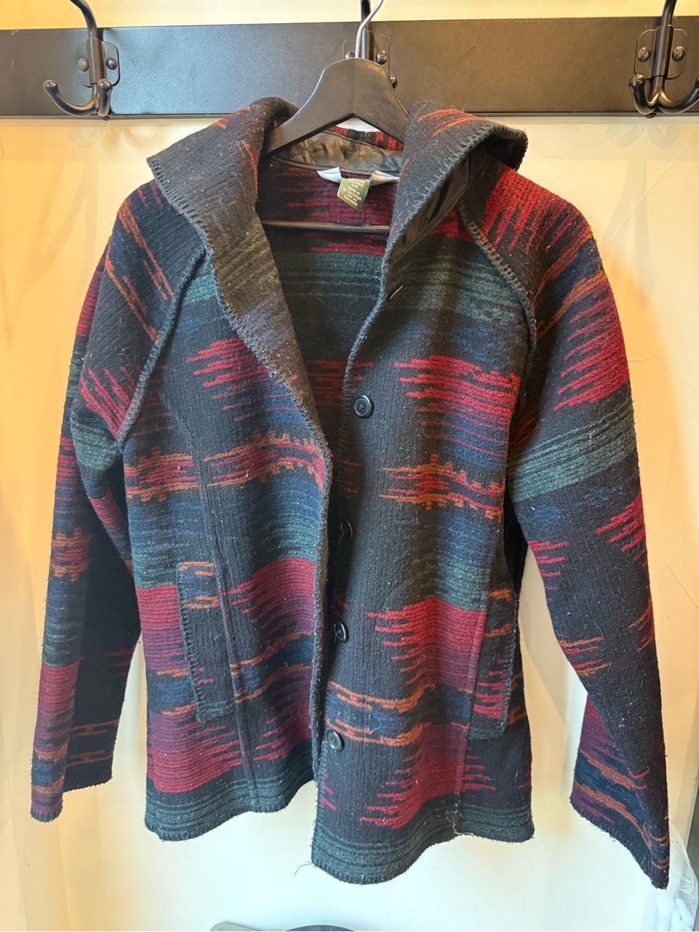 Woolrich Black Jacket with Red & Green Stripe Pattern